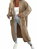 Fisoew Strickjacke Damen Lang Cardigan Langarm Oversized Strickmantel Open Front Sweater Jacke mit Taschen,Khaki,L
