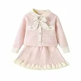 JiAmy Mädchen Bekleidungssets Kinder Langarm Knitted Strickjacke mit A-Linie Plaid Rock Zweiteilig Kleidung Outfits Set Herbst Winter Casual Elegante Pullover Kleid 2-3 Jahre Rosa