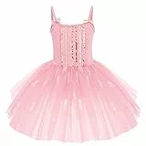 IWEMEK Ballettkleidung Ballettkleid Mädchen Ärmellos Spaghettiträger Pailletten Feder Balletttrikot Tütü Kleid Kinder Ballerina Tanzkleid Ballettanzug Tanzbody Tüllrock Gymnastikanzug Rosa 5-6 Jahre