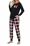 Fuakesor Damen Schlafanzug Lang Pyjama Set Herbst Winter Nachtwäsche Zweiteiliger Sleepwear Soft Loungewear Hausanzug mit Karierte Hose (Schwarz_01, Small)