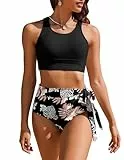 AI'MAGE Bikini Set Damen Swimsuit Zweiteiliger Badeanzug High Waisted Bikini Sportlich Damen Bikini Set Bademode Sexy Badeanzüge Oberteil, Schwarze Blume, L