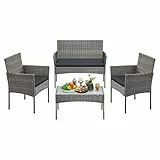 SONGMICS Gartenmöbel-Set, 4-teilig, Balkonmöbel aus PE-Polyrattan, Tisch, 2 Stühle, 2-Sitzer-Bank, Lounge-Möbel Outdoor, Terrassenmöbel, für Terrasse, Balkon, grau GGF004TZ01