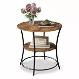 WLIVE Beistelltisch Rund, 2-Stufiger Couchtisch Klein mit Ablagefach, Metallrahmen, Runder Nachttisch für Wohnzimmer, Schlafzimmer, kleine Räume, Rustikales Braun