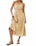 Kate Kasin Damen Sommer Ärmellos A-Linie Kleider Casual Maxi Baumwoll Freizeitkleid Hochzeit Strand Kleid mit Tasche Aprikose L