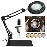 RealPlus 10X Lupe mit Licht und Ständer, 4.1 in Echtes Glas LED Lampe mit Lupe, 5 Farbmodi und Stufenloser Dimmbarkeit, Freihändige Schreibtischlampe für Handwerk Hobby Malerei Schließen Arbeit