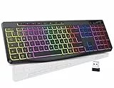 TECURS Tastatur Kabellose Gaming - Leise Tastatur QWERTZ Beleuchtet Ergonomisch Wasserdicht, 2.4Ghz Led Keyboard für Windows/Mac /PS4/ Xbox mit Multimedia-Tasten Schwarz