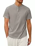 Vijamiy Leinenhemd Hemd Herren Kurzarm Tshirt Sommer Kurzarmhemd Sweatshirt Regular Fit Freizeithemd mit Tasten(Grau,M)