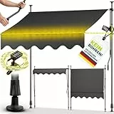 tillvex Klemmmarkise mit Handkurbel & LED Lichterkette Balkon | Balkonmarkise ohne Bohren | Markise UV-beständig & höhenverstellbar | Sonnenschutz Terrasse & Garten wasserdicht (Anthrazit, 200cm)