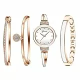 JewelryWe 4pcs Damenuhr Armreif Set Damen Strass Metallarmband Analog Quarz Uhr Kristall Armband Schmuckset Geschenke für Frauen, Rosegold Weiß