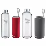 Westmark Trinkflasche Viva 0,55l rot und Trinkflasche Viva 1 l anthrazit – Zwei praktische Trinkflaschen für unterwegs, teilweise spülmaschinengeeignet – Glas, Silikon, Kautschuk