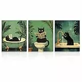 Dazzlewall 3 Stück Lustige Katzen Badezimmer Bilder, Vintage schwarze Katze wäscht Pfoten beim Zeitunglesen Drucke für Badezimmer Toiletten Deko 8x10 Zoll Ungerahmt