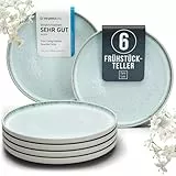 Steingut Frühstücksteller 6 Personen Ibiza TESTSIEGER, Traumhaftes Mediterranes Steingut Dessertteller Set, Kleine Teller, Salatteller - Pure Living in Beige-Blau