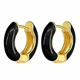 Flongo Creolen Emaille Damen Ohrringe: Chunky Ohrstecker Gold schwarz zweifarbig silber 925 Edelstahl rund Hoop Huggie earrings hypoallergen glänzend Klappcreolen klein geschenk Frauen Mädchen