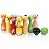 Jacootoys Kegelspiel 10 teiliges Kegel und 2 Bälle Bowling Set für Junge Mädchen Kinder Spielzeug aus Holz Drin Draußen ab 3 Jahren