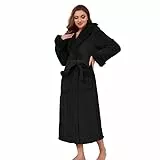 LYCY Damen Kapuzen Plüsch Bademantel lang, flauschiger Rand Bademantel weiche warme Fleece für Frauen flauschig niedlich Spa Robe (Schwarz, L/XL)