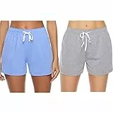 Sykooria Schlafanzughose Damen Kurz Pyjamahose Sporthose Kurz Sommer High Waist Kurze Hosen Nachtwäsche Shorts aus Baumwolle mit Taschen für Schlaf Sport Yoga, Blau+Grau, M