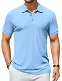 COOFANDY Herren Poloshirt Kurzarm Sommer Strick Polohemd Geripptes Polo T-Shirt mit Knöpfe Golf Shirts Hellblau XXL