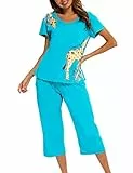 ENJOYNIGHT Schlafanzug Damen Kurz Pyjama Set Kurzarm Top mit 3/4 Lang Schlafhose Zweiteiliger Nachtwäsche S-3XL (3X-Large,Blaue Giraffe)