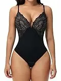 SHAPERIN Shapewear Damen Body mit Spitze Formender Body Bauchweg mit Bügel BH Miederbody Tanga V-Ausschnitt, Schwarz-1, M