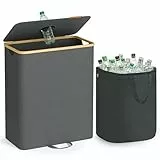 SONGMICS Pfandflaschen-Sammelbehälter, 135 L Pfandflaschen-Behälter, Flaschensammler Leergut, Recycling-Behälter, mit Loch, Deckel, Innensack mit Griffen, Küche, schiefergrau-naturbeige RRB513G01