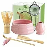 JBER Matcha Besen Set, Matcha Set Rosa 7-Teiliges - Bambus Matcha Besen und Besenhalter, Matcha Schale mit Auslauf, Sieb, Löffel und Halter, Japanisches Matcha Tee Set für Matcha-Liebhaber - Pink