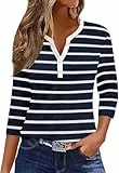 YUTILA Damen T-Shirts Gestreiftes 3/4 Ärmel V Ausschnitt Oberteile Baumwolle Langarmshirt Basic Lässige Streetwear Henley Shirt
