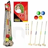 Krocketspiel aus Holz mit Schlägern, Bällen, Metalltoren und Zielmarkierungsstäben, im praktischen Tragenetz, unterhaltsames Freizeitspiel für den Garten und Park - Idena 40609
