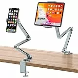 OMOTON Aluminium Tablet Halterung Tisch, 360° Drehbarer Tablet Ständer Bett, Verstellbarer Handyhalter mit Stabiler Arm, Höhenverstellbarer, kompatibel mit iPhone/iPad Pro/Tablets bis zu 12', Grau