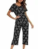 ENJOYNIGHT Schlafanzug Damen Kurz Pyjama Set Baumwolle Nachtwäsche Kurzarm-Top und 3/4 Lange Hose Hausanzug Sommer Sleepwear (XX-Large,Schwarze Katze)