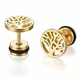 JewelryWe Schmuck Baum des Lebens Ohrstecker, Edelstahl Lebensbaum Runde Kreis Ohrringe für Herren Damen Tunnel Plug Ohrpiercing Barbell Stud Gold