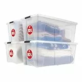 Iris Ohyama Aufbewahrungsbox mit Deckel, 80L, 4er-Set, Transparent, Schnappverschlüsse mit Griffen, Stapelbar, Stark & Langlebig, Für Kleidung, Garage, Zuhause, Büro, Plastikbox, Lagerung TB-84D