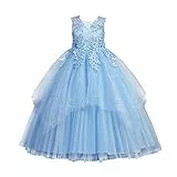 LOLANTA Mädchen Prinzessin Kleid Weiß, Festlich Hochzeit Kommunion Blumensmädchenkleid, Festzug Party A-Linien Bodenlanges Ballkleider aus Satin und Tüllkleid, 5-6 Jahre, Blau, 120