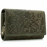 ekavale Stilvolle Damen Geldbörse aus Leder mit Blumenprägung und RFID-Blockierung, langes Design mit Druckknopf (Grün)