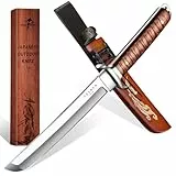 Purple Dragon Outdoor Messer mit Japan 5 mm Dick D2 Stahl Klinge, Tanto Messer mit Dragon-Phoenix Gravierte Holzscheide, Machete Scharf für Camping, Wandern und andere Survivalaktivitäten