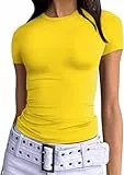 Damen Kurzarm Shirt Slim Fit Basic T-Shirt Sommer Oberteile Bluse(Zitrone Gelb-B,S)