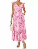 GRACE KARIN Damen Elegant Blumenkleid, Rüschenärmel V-Ausschnitt Kleid Damen Sommer mit Tasche, Sommerkleid Damen Leicht Strandkleid Rosa-Rosenrot Blumen L