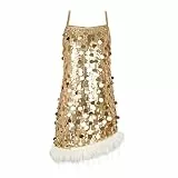 LOLANTA Glitzer Mädchenkleid mit Pailletten und Abnehmbarem Fuzzy Saum Partykleid Ärmellos Vollständig Gefüttert Glitzerndes Kleid Weihnachtsfeier Outfit Geburtstagskleid, Champagner, 10-11 Jahre, 150