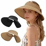 Utensilsto 2 Paar Sonnenhut Pferdeschwanz für Frauen,UV-Schutz breiter Sonnenhut,Roll Up Packbar für den Sommerurlaub (Schwarz,Khaki)