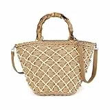 Gladdon Damen Schultertasche Stroh Tasche Sommer, geflochtene Handtasche mit Holzgriff, Umhängetasche Damen groß, Strandtasche & Sommertasche, leicht, 34,5×18×22 cm