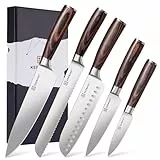 KEEMAKE Messer Set 5 Teilig, Küchenmesser Set Scharfe Messerset Edelstahl, Profi Kochmesser Set mit Ergonomischen Pakkaholzgriff