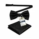 Massi Morino Fliege Schwarz mit Einstecktuch für Herren Set - Anzug Herrenfliege zur Hochzeit - Verstellbare Schleife in Black