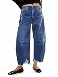 Cicy Bell Damen Baggy Wide Leg Boyfriend Jeans Mid Rise Barrel Cropped Raw Hem Denim Pants, Blau, 36