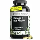 natural elements Omega 3 – 365 Kapseln – 2000mg Fischöl pro Tagesdosis – mit EPA und DHA in Triglycerid-Form – Laborgeprüft und aufwendig aufgereinigt