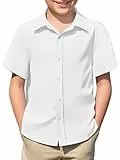 Haloumoning Jungen Hemd Sommer Kurzarm Shirt Kinder Einfarbig Freizeit Hemden Casual Basic Knopfleiste Oberteile Bügelleicht 5-14 Jahre, Weiß, 13-14 Jahre