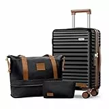 SHOWKOO Koffer Klein Leicht Hartschale 100% Polycarbonate Haltbar Reisekoffer mit Rollen Hartschalenkoffer Set Trolley Handgepäck Enthält 1 Reisetasche und 1 Kulturbeutel, M-Elegante Schwarz