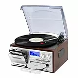 JORLAI 9-in-1 Plattenspieler Vintage Record Player mit Bluetooth, CD, Kassette, AM/FM-Radio, USB/SD-Kodierung, Aux Eingang, RCA Line Out Silber