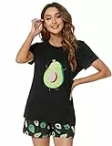 Yuson Girl Damen Pyjamas Zweiteiliger Schlafanzug Bequem Stilvoll Avocado Katzen Bananen Druck Cartoon gedruckt Nachtwäsche (A, M)