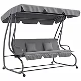 Outsunny Hollywoodschaukel mit Liegefunktion, 3-Sitzer Gartenschaukel mit Verstellbarem Dach, Seitenklapptisch, wasserabweisender Schaukelbank belastbar bis 340kg, für Garten, 200x120x164cm, Hellgrau