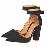 Holibanna Damen Pumps mit Klobigem Absatz Spitz Zulaufend Verstellbarem Riemen Atmungsaktivem Material Komfortabel und Langlebig Stilvolle Schuhe für Besondere Anlässe und Partys Schwarz