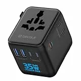 decqle Reiseadapter Weltweit, Universal Reisestecker mit 3 USB-C (GaN 35W), 2 USB-A und 1 AC Steckdose, Internationaler Steckdosenadapter, AC Adapter Universaladapter für EU, UK, US, AU (Schwarz)